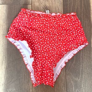 Shein High Rise Ruffled Floral Pattern Bathing Swim Suit Bottom Red Size Small